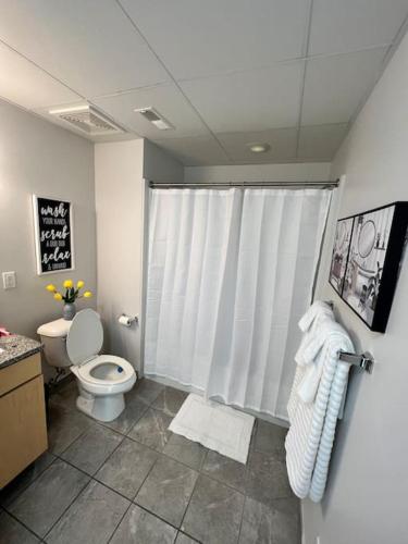 a bathroom with a toilet and a shower curtain at Apt Downtown Detroit with VIEW in Detroit