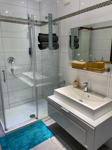 a bathroom with a sink and a shower at Ferienhaus Buchali in Harscheid