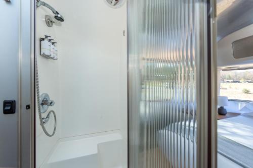 a shower with a glass door in a bathroom at Asheville River Cabins in Arden