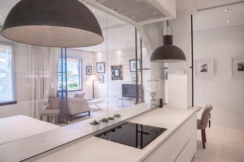 une cuisine avec un comptoir et un salon dans l'établissement 