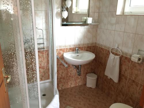 a bathroom with a sink and a shower at Central Apartments in Zalakaros