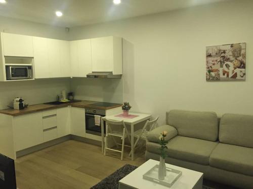 a kitchen and a living room with a couch and a table at NEW Apartment - 10 min DOWNTOWN in Vienna