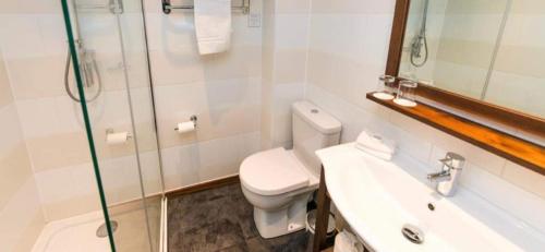 a bathroom with a toilet and a sink and a shower at The Bubble Inn Hotel in Derby