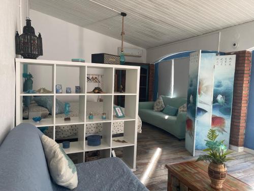 a living room with a couch and a book shelf at Raconet Azul - Circuito Cataluña in Vallromanas