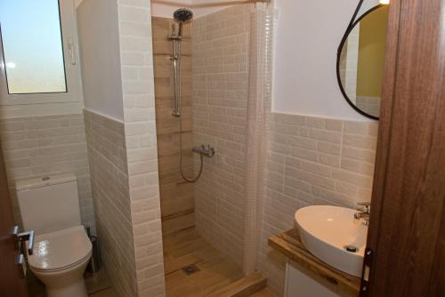 W łazience znajduje się prysznic, toaleta i umywalka. w obiekcie Lila's villa maisonette with private pool w mieście Nerotriviá