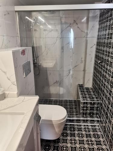 a white bathroom with a toilet and a shower at Ataviros Hotel in Émbonas
