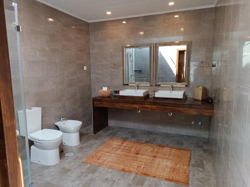 a bathroom with a toilet and a sink and a mirror at Casa do Romezal in Peso da Régua