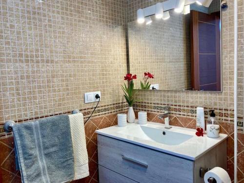 bagno con lavandino e specchio di Precioso apto 4 pers, 2 piscinas, fibra óptica a Corralejo