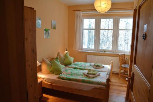Schlafzimmer mit einem Bett und einem Fenster in der Unterkunft Landgasthof Alter Bahnhof in Heyerode