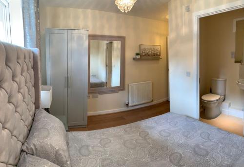 a bedroom with a bed and a mirror and a toilet at Modern Flat in Watford