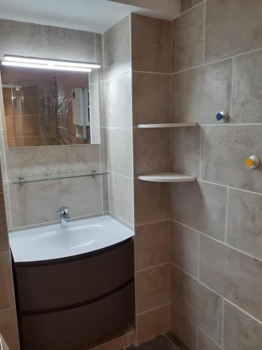 une salle de bain avec un lavabo et un miroir dans l'établissement Gîte Les Mésanges, à Puygros