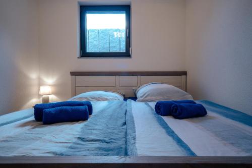 a bedroom with a bed with two blue pillows on it at FeWo WOW! TOP Lage! Schöne 2-Zimmer Wohnung! in Weisweil