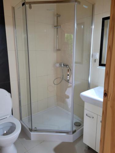a shower stall in a bathroom with a toilet at Perła Bałtyku Jarosławiec in Jezierzany