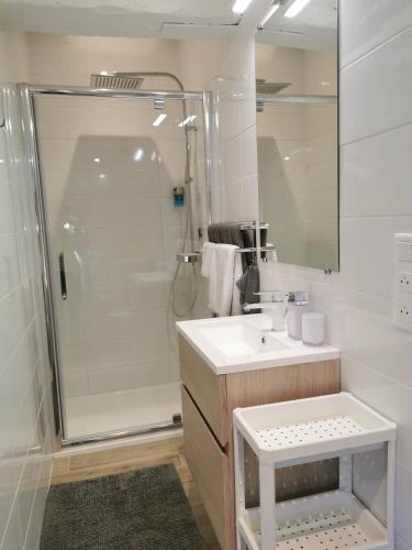 a white bathroom with a shower and a sink at Arles Holiday - Le Refuge in Arles
