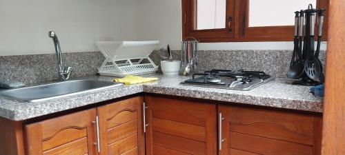a kitchen counter with a sink and a stove at Casa Leo in Villa de Leyva