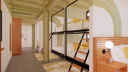 a room with two bunk beds and a hallway at The Myriad Hotel Louisville, Tapestry Collection by Hilton in Louisville