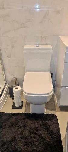 een badkamer met een wit toilet en een tapijt bij New Build Cosy Duplex Modern Apartment Greater Manchester in Stockport