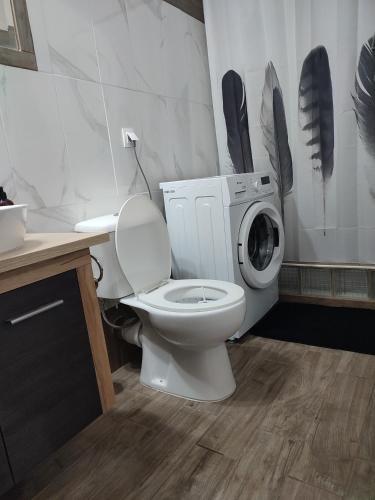 a bathroom with a toilet and a washing machine at Aithra Studio in Tripoli