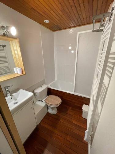 une salle de bain blanche avec des toilettes et un lavabo dans l'établissement T2bis Idéal SKi et Cures Thermales, à Cauterets