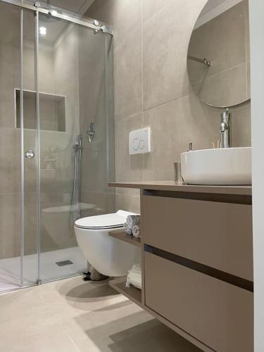 a bathroom with a toilet and a sink and a shower at Casa Fermar in Esposende