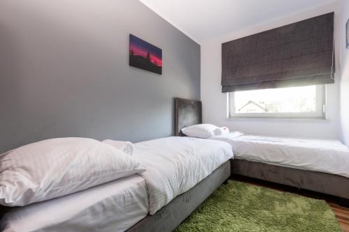 two beds in a bedroom with a window and a green rug at Apartamenty koło Szczyrku A&S Spa - basen, jacuzzi, sauna in Szczyrk