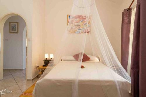 a bedroom with a bed with a mosquito net at Epea Ocean View Top in Victoria