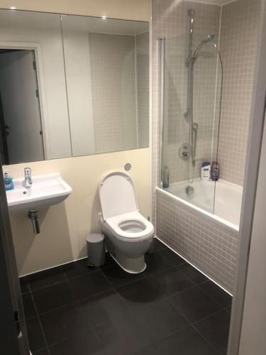 a bathroom with a toilet and a sink and a shower at Luxury apartment stunning views in Manchester