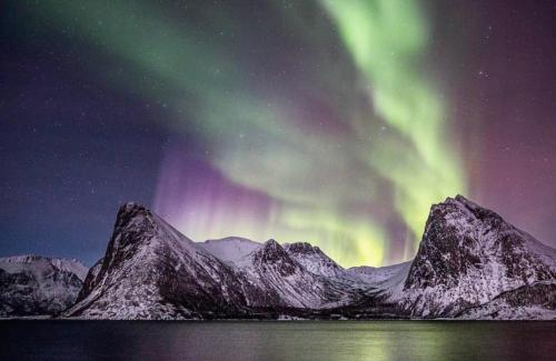 an aurora over a mountain range at night with the stars at Senja Living in Stonglandseidet