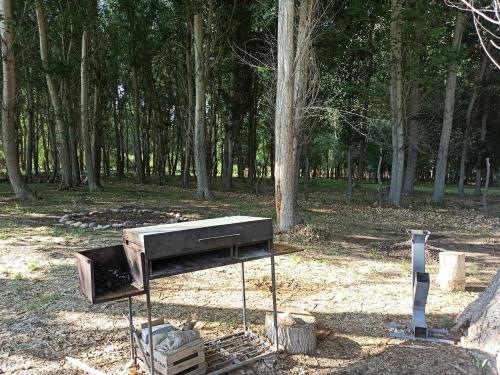 a grill in a field with trees in the background at Cabaña Ecologica in Uspallata