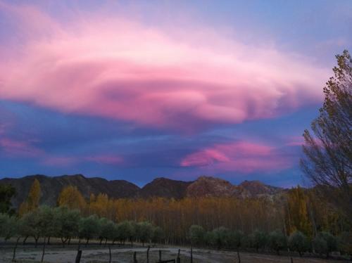 a pink cloud in the sky over a field at Cabaña Ecologica in Uspallata
