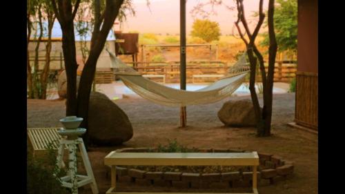 a hammock in a garden with a bench and trees at Cabañas rústico in San Pedro de Atacama
