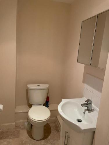 a bathroom with a white toilet and a sink at Lovely Shared 3 Bed Home Near The Thames in Thamesmead