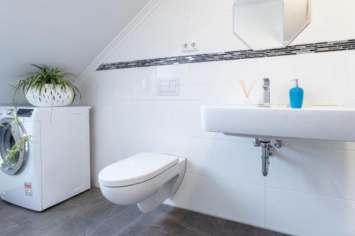 a white bathroom with a toilet and a sink at 568 Plagwitz Apartment Kulturviertel in Leipzig