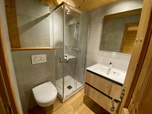 une salle de bain avec une douche, des toilettes et un lavabo dans l'établissement Appartement Rénové 8 Pers Centre Village La Clusaz, Balcon Sud, Proche Commerces et Pistes - FR-1-459-15, à La Clusaz