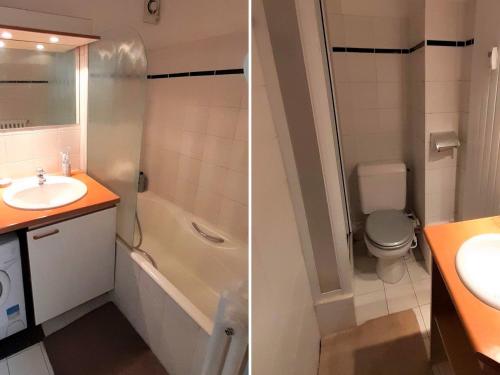 deux photos d'une salle de bain avec un lavabo et des toilettes dans l'établissement Appartement cosy 8 pers. à La Clusaz, proche piscine et centre, idéal familles. - FR-1-459-14, à La Clusaz