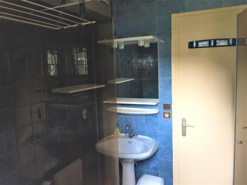 une salle de bain avec un lavabo, des toilettes et un miroir dans l'établissement 2 pièces proche pistes avec balcon - FR-1-459-63, à La Clusaz