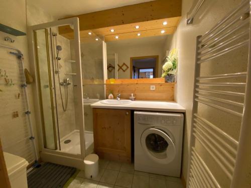 La salle de bains est pourvue d'un lave-linge et d'une douche. dans l'établissement Charmant Appartement 3 Pièces aux Pieds des Pistes - La Clusaz - FR-1-459-90, à La Clusaz