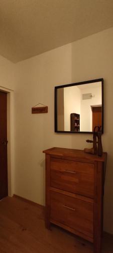 a bedroom with a dresser and a mirror on the wall at Ferienwohnung Hager Kuchl in Kuchl