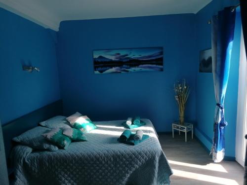 a blue bedroom with a bed with blue walls at Chambres d'hôtes L'Astazou in Gavarnie