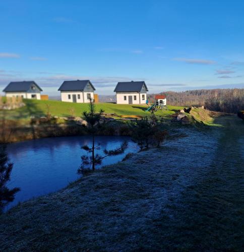 a group of houses on a hill next to a river at Jaśkowe Wzgórze domki na wynajem Szymbark, balia, Domek nr 2 i 3 in Szymbark
