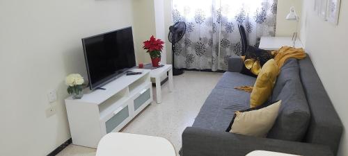 a living room with a gray couch and a tv at Rosyshome102 in Vecindario