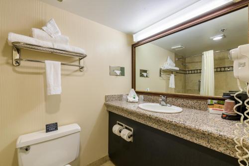 a bathroom with a toilet and a sink and a mirror at Grand Vista Hotel Grand Junction in Grand Junction