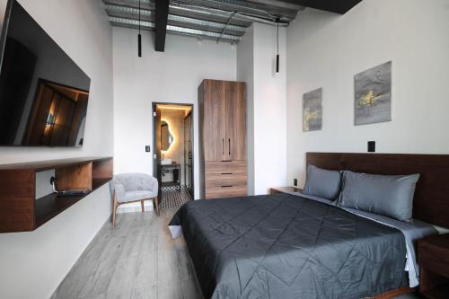 um quarto com uma cama, uma televisão e uma cadeira em Cómodo y lujoso LOFT 1 em Cidade do México