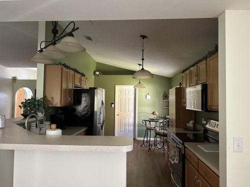 - une cuisine avec des murs verts et un comptoir dans l'établissement tropical oasis, à Palm Bay