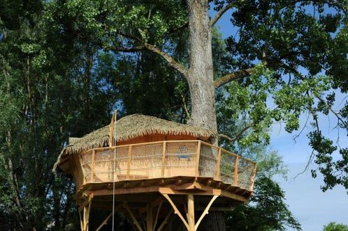 a tree house in front of a tree at Les Insolites du Domaine de Suzel in Vignieu