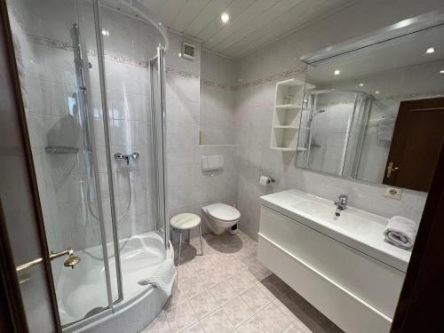 um banheiro com chuveiro, pia e vaso sanitário em Am Randersberg - Wohnung Nr 2 em Grossgmain