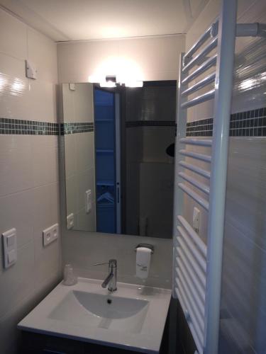 une salle de bain avec un lavabo et un miroir dans l'établissement Auberge Le Cantou - Hôtel Roche, à Orcival