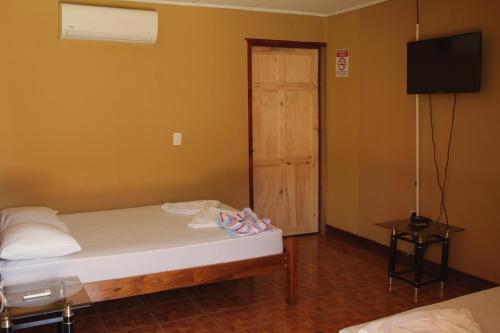1 dormitorio con 1 cama, TV y puerta en Cabinas Carolina, en Puerto Jiménez