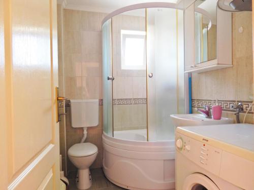 a bathroom with a shower and a toilet and a sink at Apartmani Sindik in Tivat