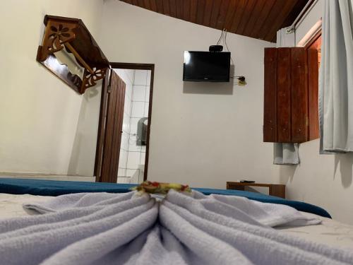 a bedroom with a bed with a mirror and a tv at Pousada e Camping Lumiar in Lençóis